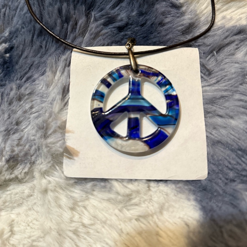 Blue Peace Sign Glass Pendant Necklace
